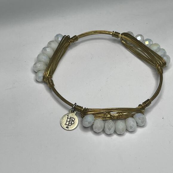 BOURBON & BOWETIES gold tone bracelet bangle petite faceted white beads jewelry - Picture 4 of 10